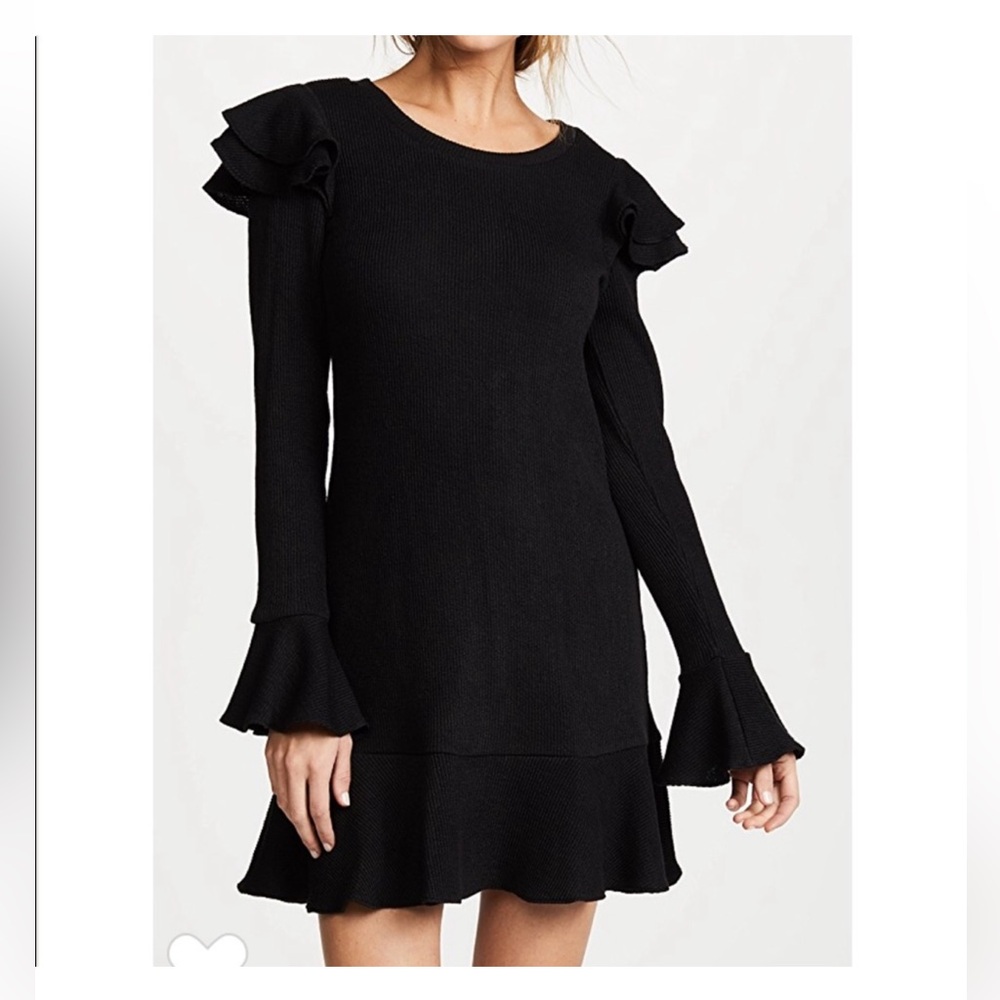 Like New SAYLOR Chase Dress Longsleeve Ribbed Ruffle Trim Black Open Back Small